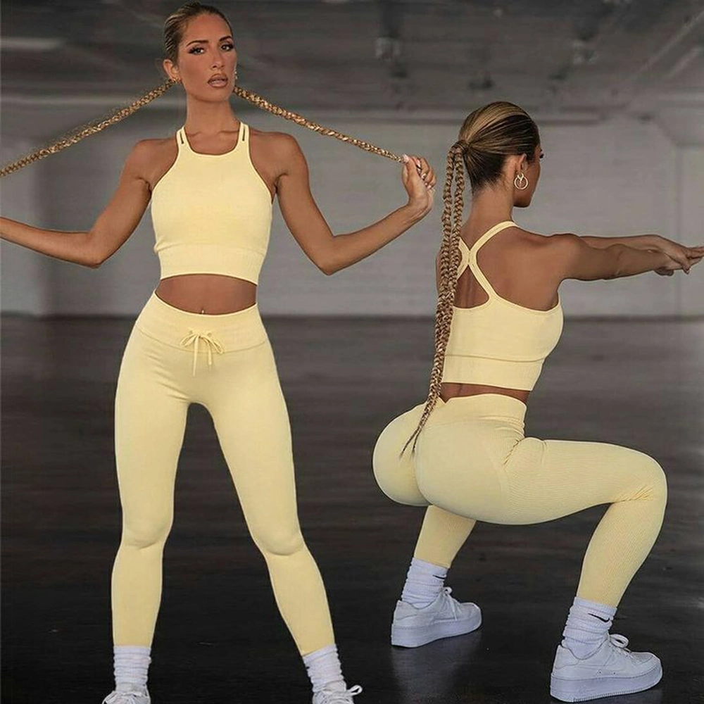 Amazon Popular Seamless Sports Yoga Wear Fitness Suit Ribbed Leggings Women Gym Activewear